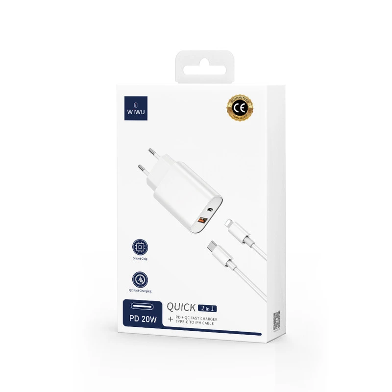 WIWU WI-U002 QUICK DUAL C-L 20W PD+QC CARICATORE RICARICA RAPIDA CON CAVO BIANCO