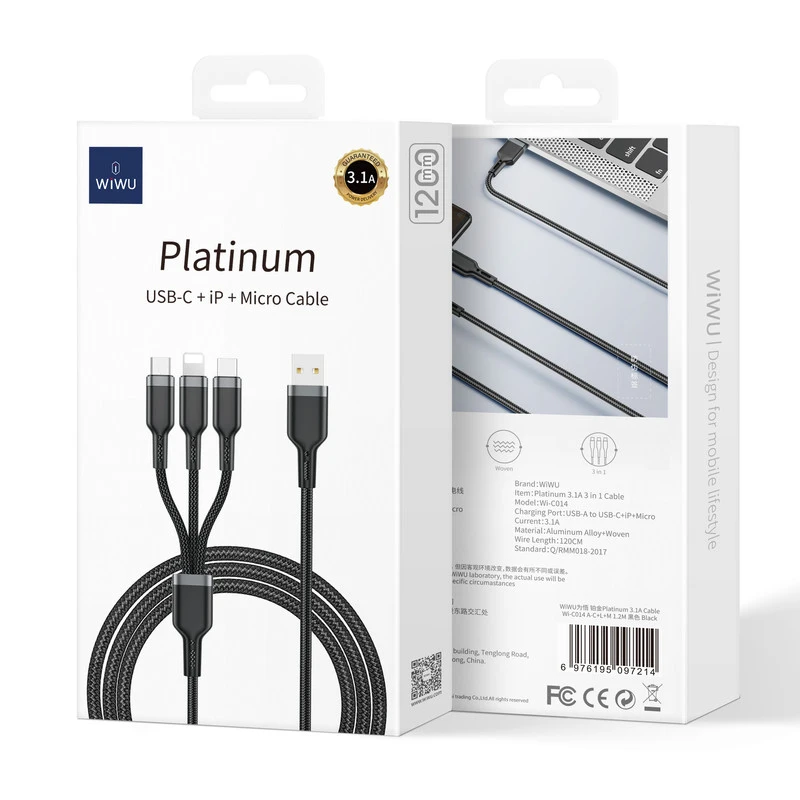 WIWU C-014 3in1 A-C+L+M 1.2Mt CAVO NERO