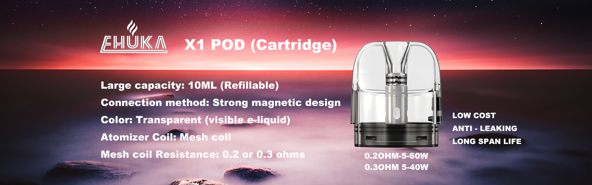 EHUKA 10ml refillable vape pod cartridge with 0.3&Omega; mesh coil, compatible with X1, X-GO & X1 MOD