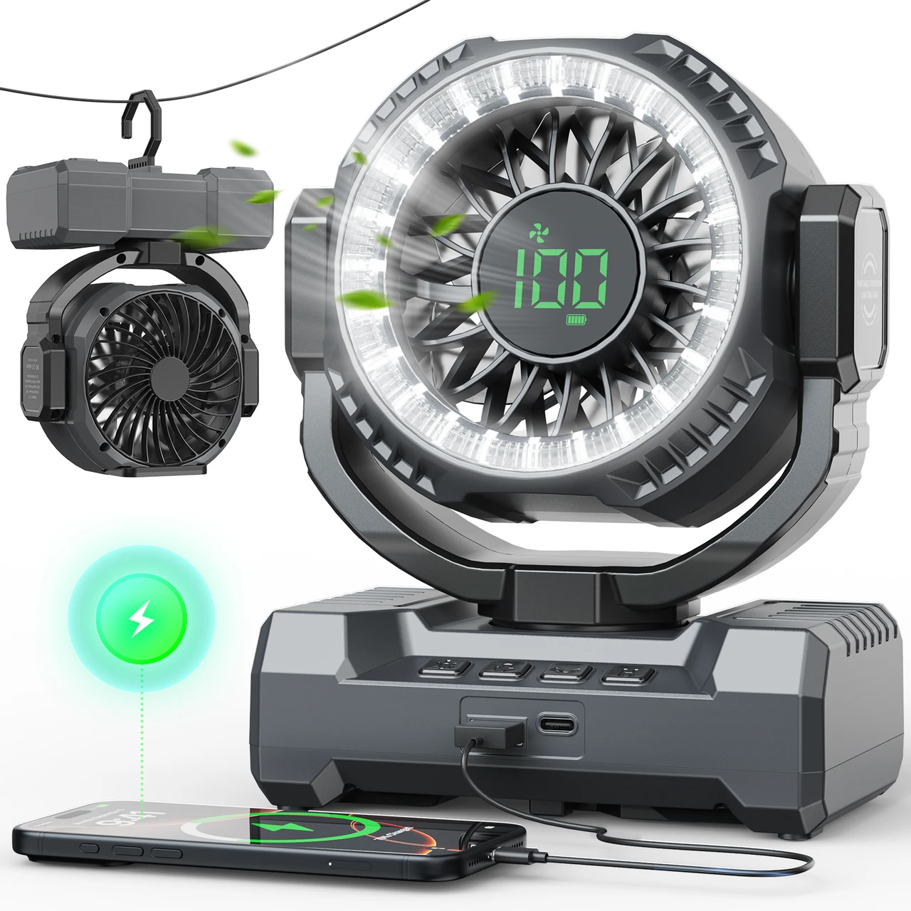 Camping Fan, Portable Rechargeable Fan, 24000mAh Battery Powered Fan with LED Lantern & 120° Oscillation, Battery Operated Ventiladores for Travel, Tent, Fishing, Jobsite, Outdoor, Gifts for Men Dad