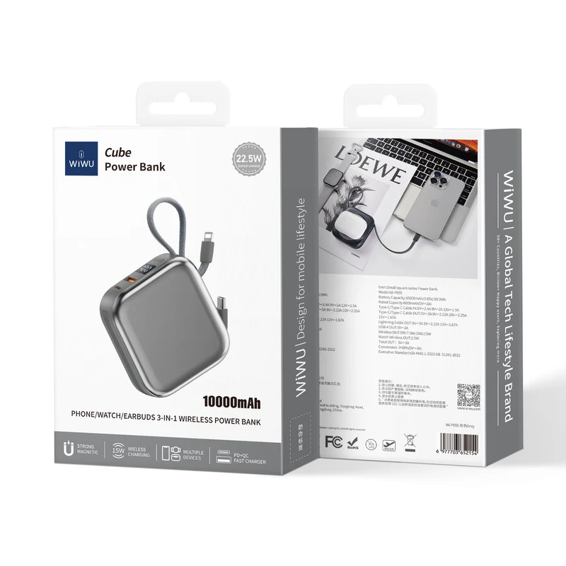 WIWU P055 SMALL QUARE SERIES POWER BANK 10000MAH GRIGIO