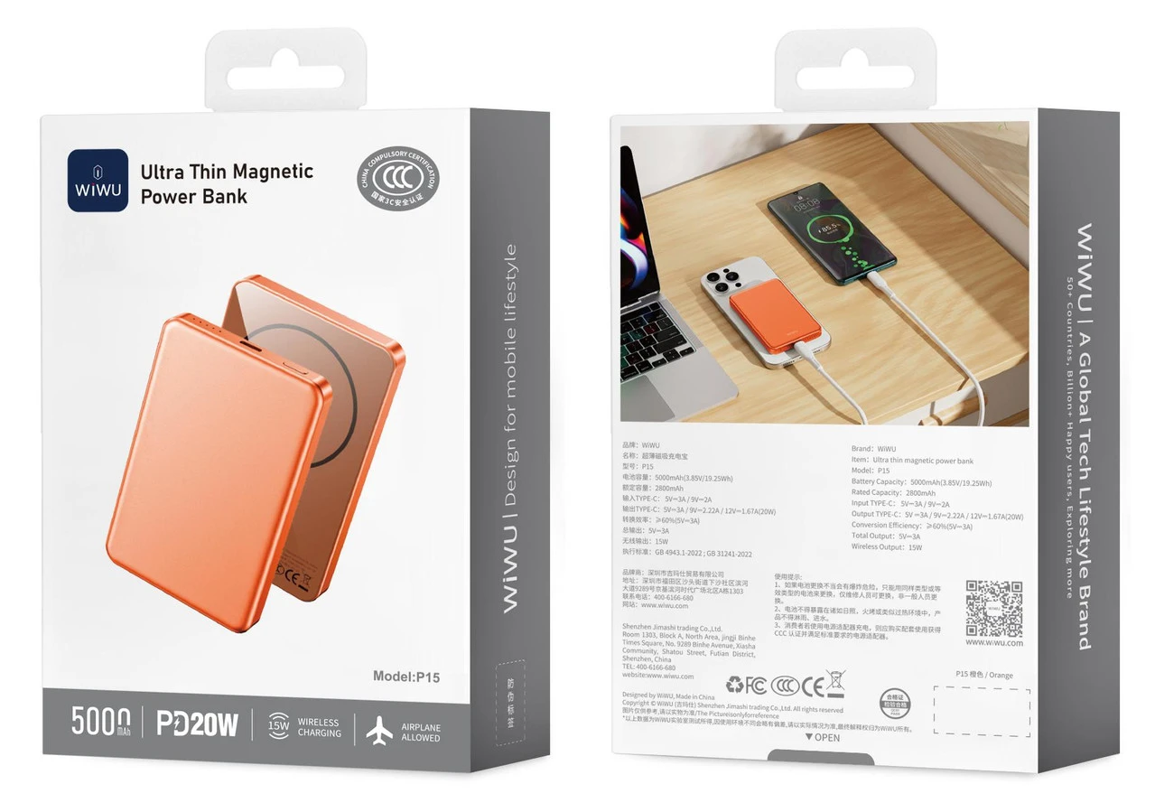 WIWU P15 5000mAh POWER BANK ARANCIONE