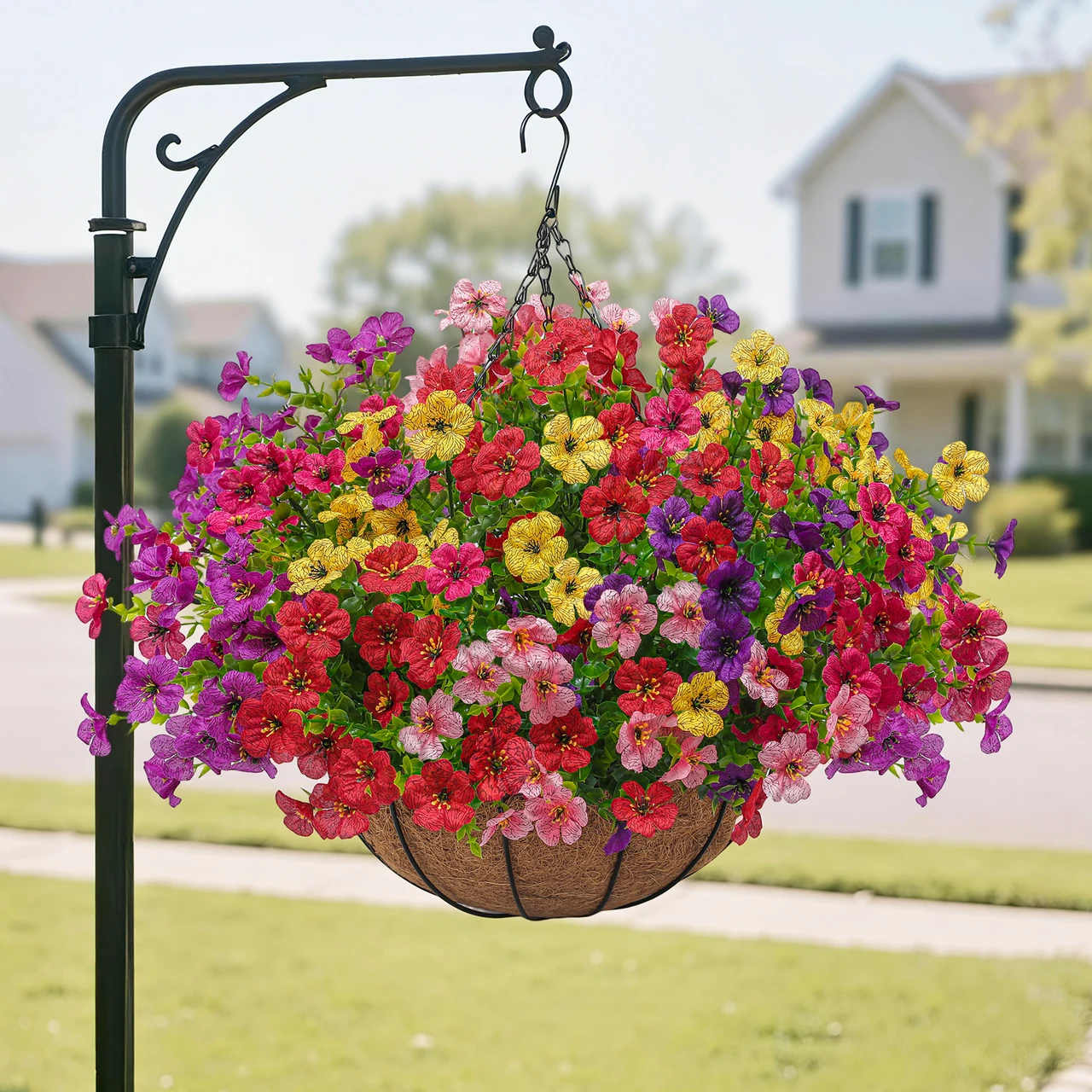 Artificial Faux Hanging Plants Flowers Basket for Outdoors Spring Summer Decoration,Hanging Planters with Fake Silk Flowers UV Resistant Realistic for Outside Porch Patio Balcony Garden （6 Multicolor）