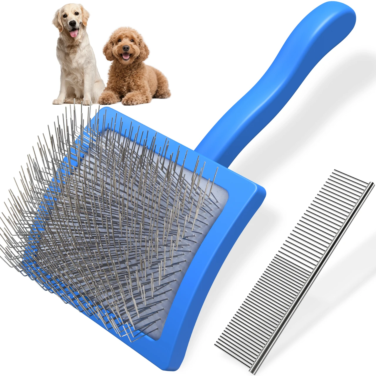 Saccsion 2PCS Slicker Brush for Dogs & Pet Comb,Professional Dog Grooming Brush (Goldendoodles,Poodles,Labradoodles) with Extra Long Pins to Effectively Remove Tangles, Knots and Mats (Blue, Large)