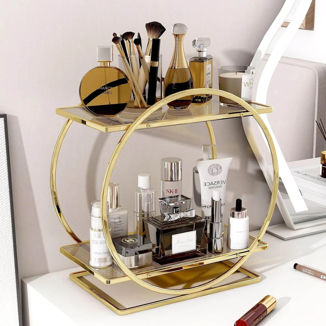YIWANFW Perfume Organizer for Dresser, 2 Tier Bathroom Counter Organizers and Storage, Gold Makeup Organizer for Vanity, Bathroom Accessories & Decor, Skincare Perfume Trays Cosmetic Display Holder