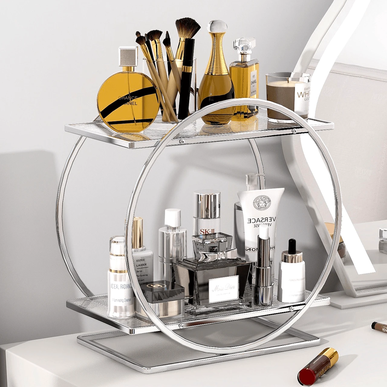 YIWANFW Perfume Organizer for Bedroom Dresser- Sliver Makeup Organizers for Vanity, 2 Tier Bathroom Countertop Organizer Perfume Tray Skincare Storage Cosmetic Display Rack, Make Up Counter Shelf