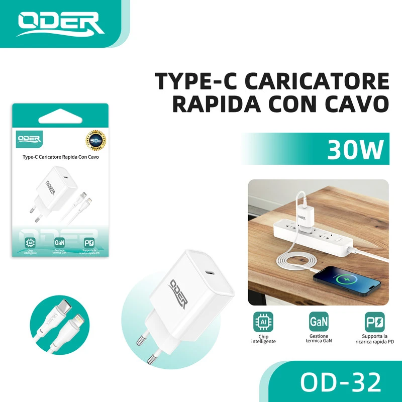ODER-32 CARICATORE 30W+CAVO C-L BIANCO