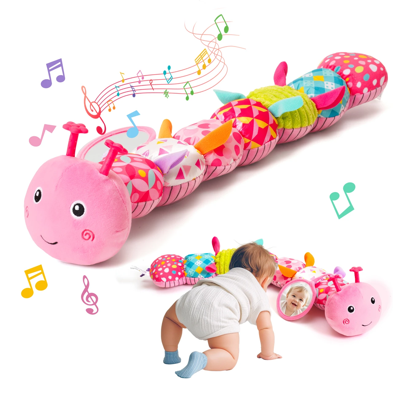 Baby Toys 0-6 Months, Musical Caterpillar Plush Toy with Rattles,Crinkle Sound, Mirror, Newborn Sensory Toys for Infants Developmental Stuffed Animal with Tummy Time for Boys Girls 6-12 Month (Pink)