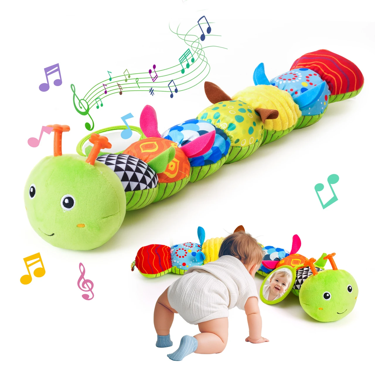 Baby Toys 0-6 Months, Musical Caterpillar Baby Rattle, Plush Sensory Toy with Mirror, Crinkle Textures, Newborn Developmental Tummy Time Stuffed Animal for Infants Boys Girls 6-12 Month (Green)