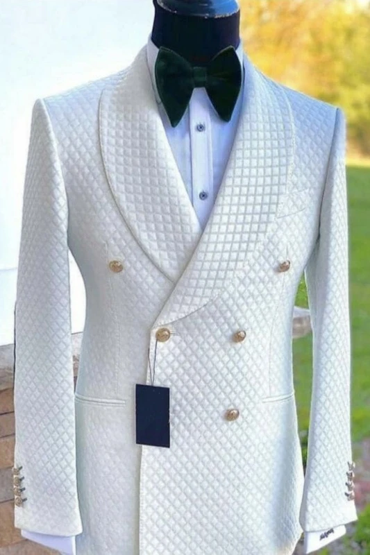 Vincent New Arrival White Plaid Shawl Lapel Double Breasted Wedding Men Suits