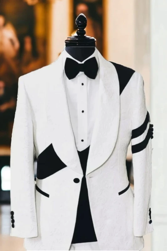 Chasel Chic White Jacquard Shawl Lapel Three Pieces Best Fitted Prom Men Suits