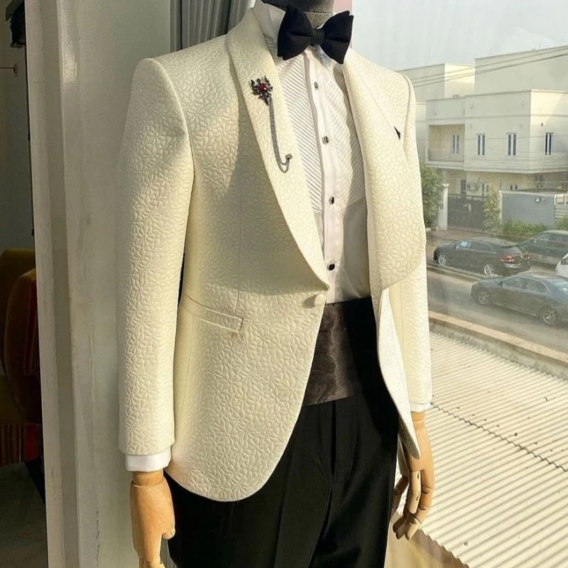 Beau Formal White Jacquard Shawl Lapel Slim Fit Wedding Men Suits