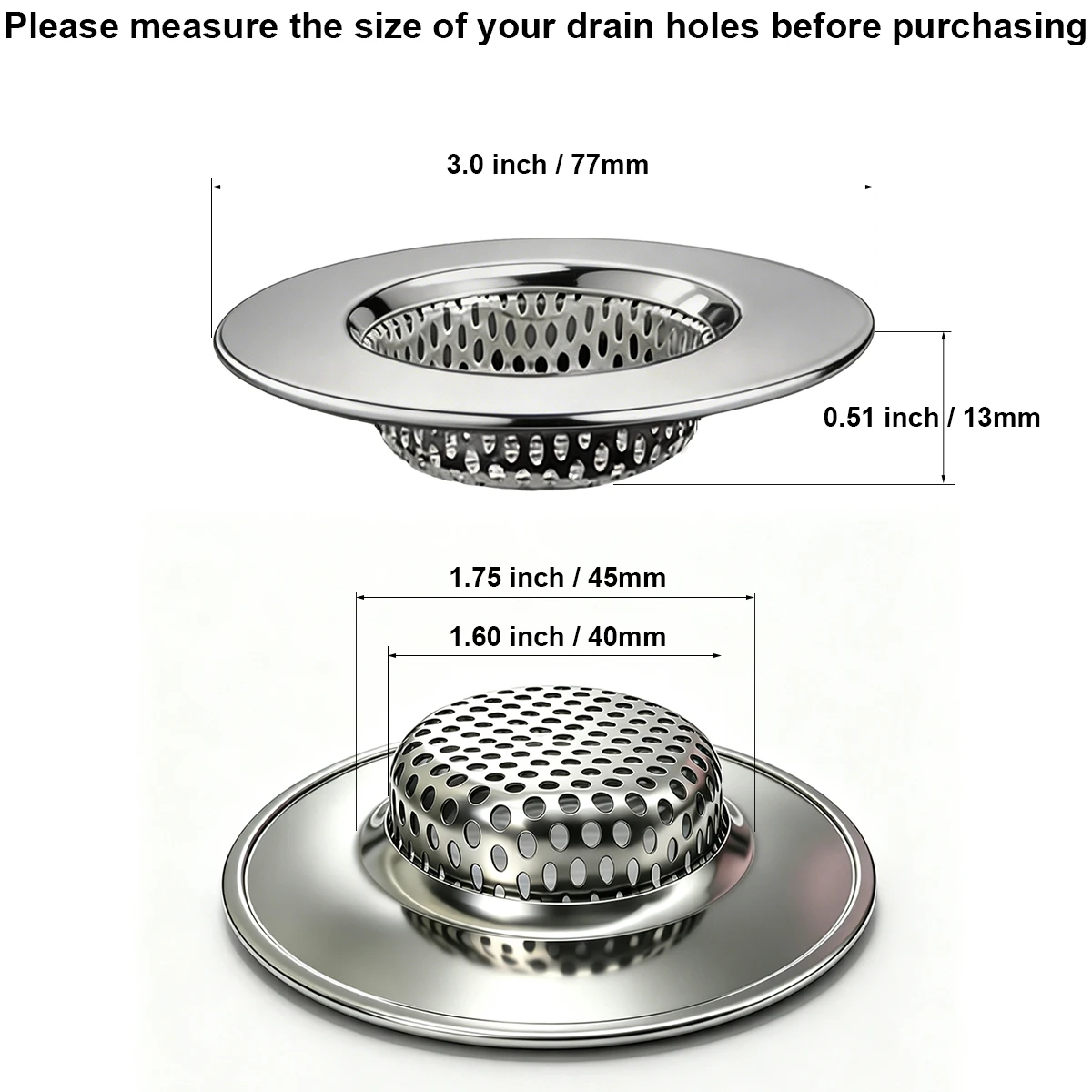 Seatery Bathtub Drain Strainers, Shower Drain Hair Catcher, Stainless Steel Tub Drain Cover Basket, Outer Diameter 3.0 inch/7.7cm, Inner Diameter 1.60 inch/4.0cm, Pack of 2