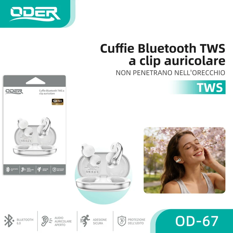 ODER-67 CUFFIE BLUETOOTH TWS A CLIP AURICOLARE ARGENTO