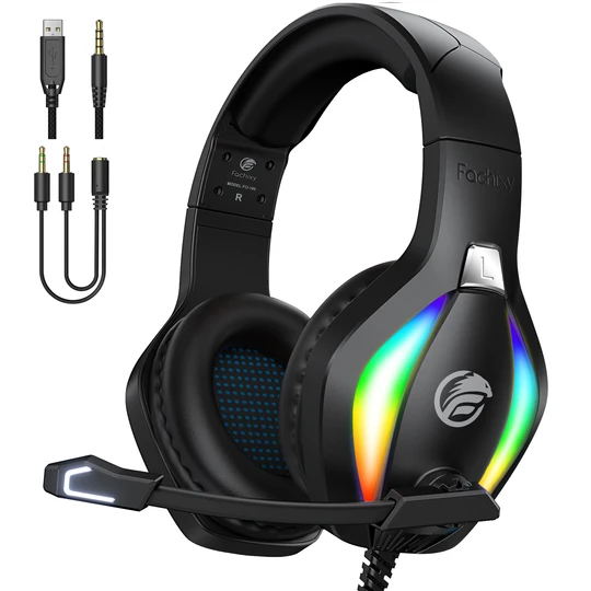Fachixy FC100 Gaming Headset für PS4, PS5, PC, Xbox, Nintendo Switch, Gaming Kopfhörer mit Kabel und RGB Licht, Stereo Surround Kopfhörer mit Mikrofon, Noise Cancelling Gamer Headphones - RGB Schwarz