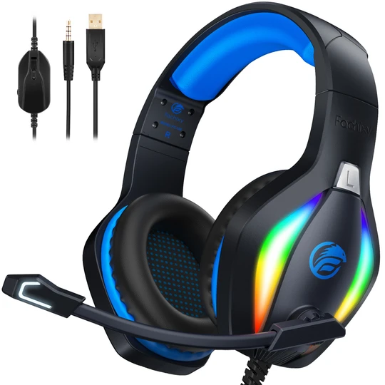 Fachixy FC100 Gaming Headset with Microphone for PS4, PS5, Switch, Xbox, PC, Mac, Gamer Headset with RGB Light, Computer Headphones with Mic