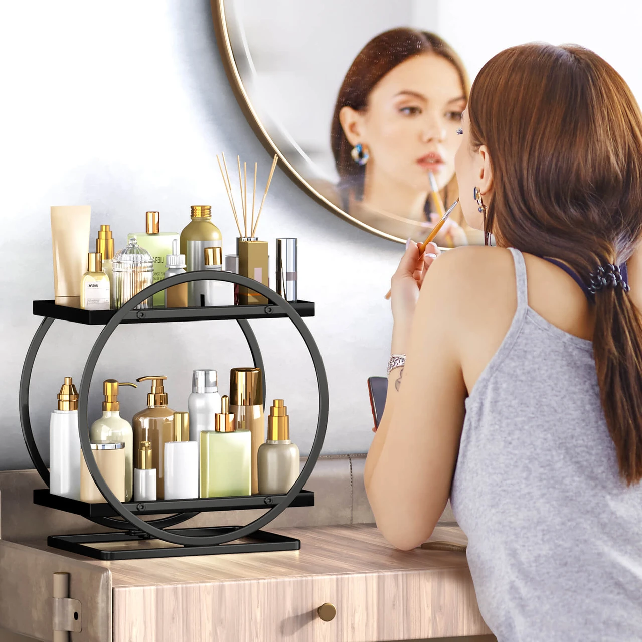 YIWANFW Bathroom Counter Organizer, Black Perfume Organizer for Dresser, 2 Tier Bathroom Organizer Countertop, Vanity Makeup Organizers, Skincare Display Tray for Bathroom Sink Storage
