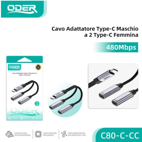 ODER CAVO ADATTATORE TYPE-C MASCHIOA A 2 TYPE-C FEMMINA 60W
