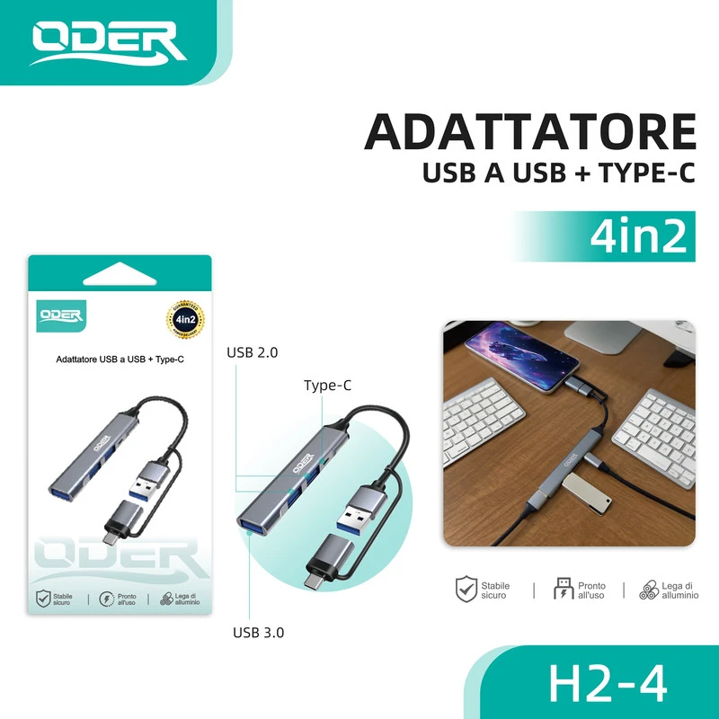 ODER H2-4 ADATTATORE 4in2 USBaUSB+TYPEC
