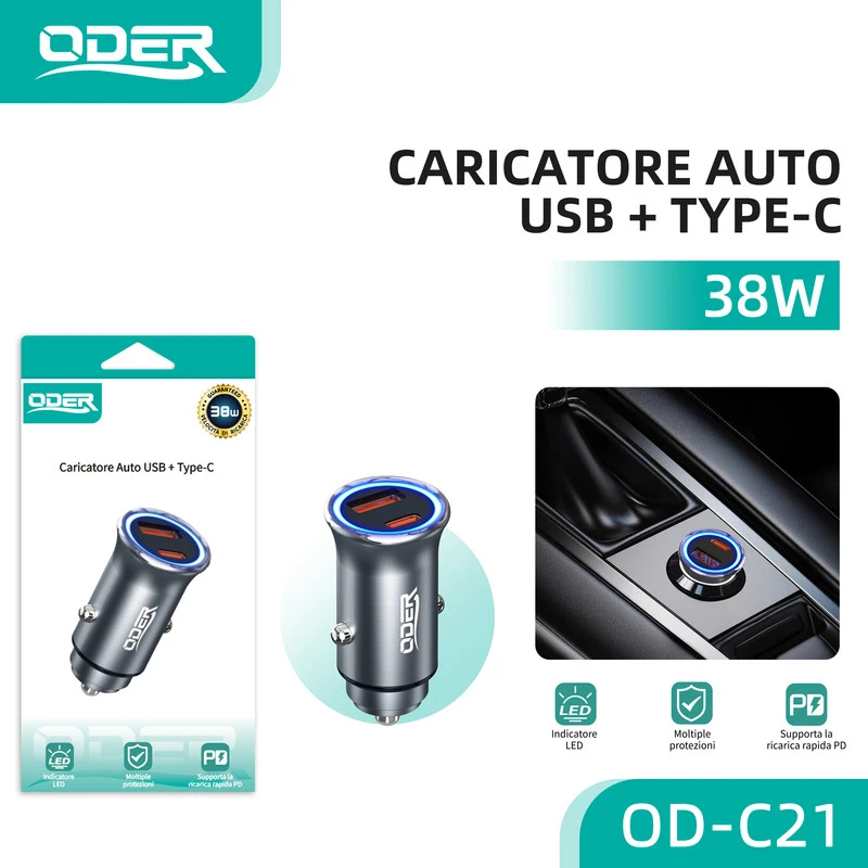 ODER OD-C21 CARICATORE AUTO UBS+TYPE-C 38W