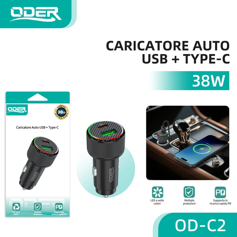 ODER OD-C2 CARICATORE AUTO USB+TYPE-C 38W