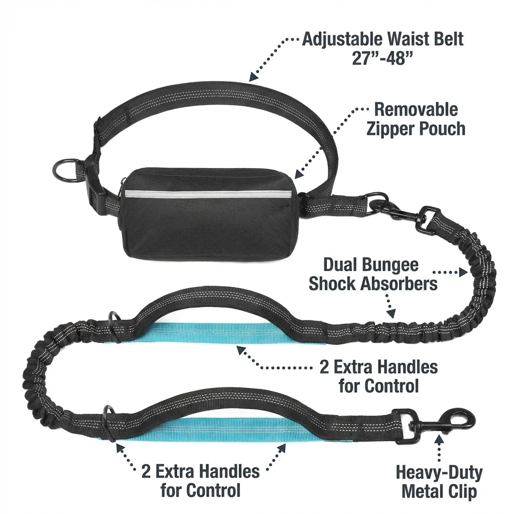 TrailPaw Hands-Free Running Dog Leash with Zipper Pouch  Dual Bungee, Reflective, Waist Belt