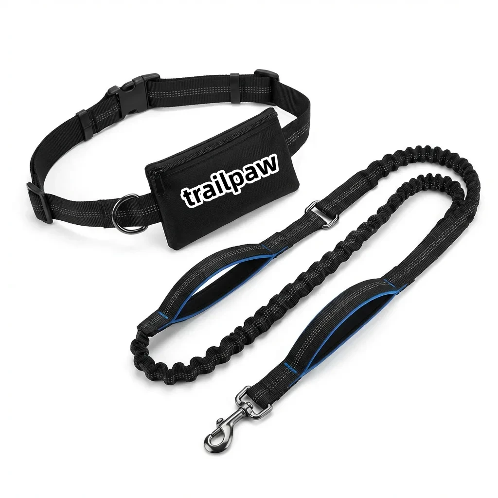 TrailPaw Hands-Free Running Dog Leash with Zipper Pouch  Dual Bungee, Reflective, Waist Belt