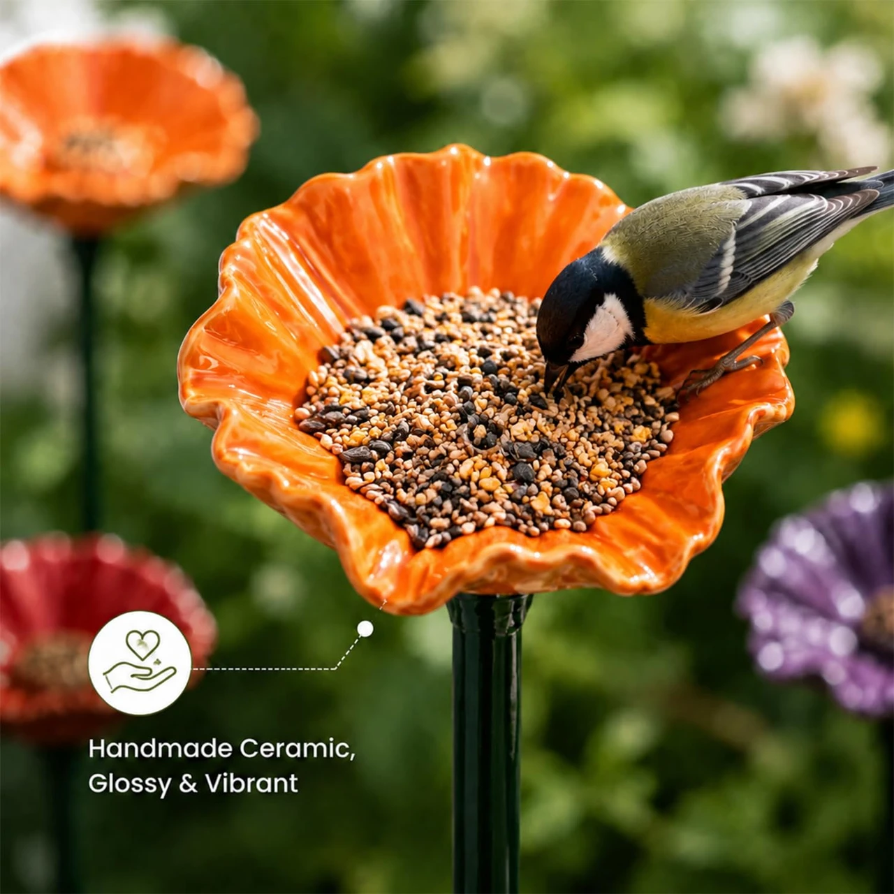 Handmade Ceramic Mini Pollinator Watering Station, Colorful Flower Bee Water Feeder & Butterfly Bird Bath, Small Outdoor Garden Stake Yard Art Decor Gift for Nature Lovers (6 Colors)