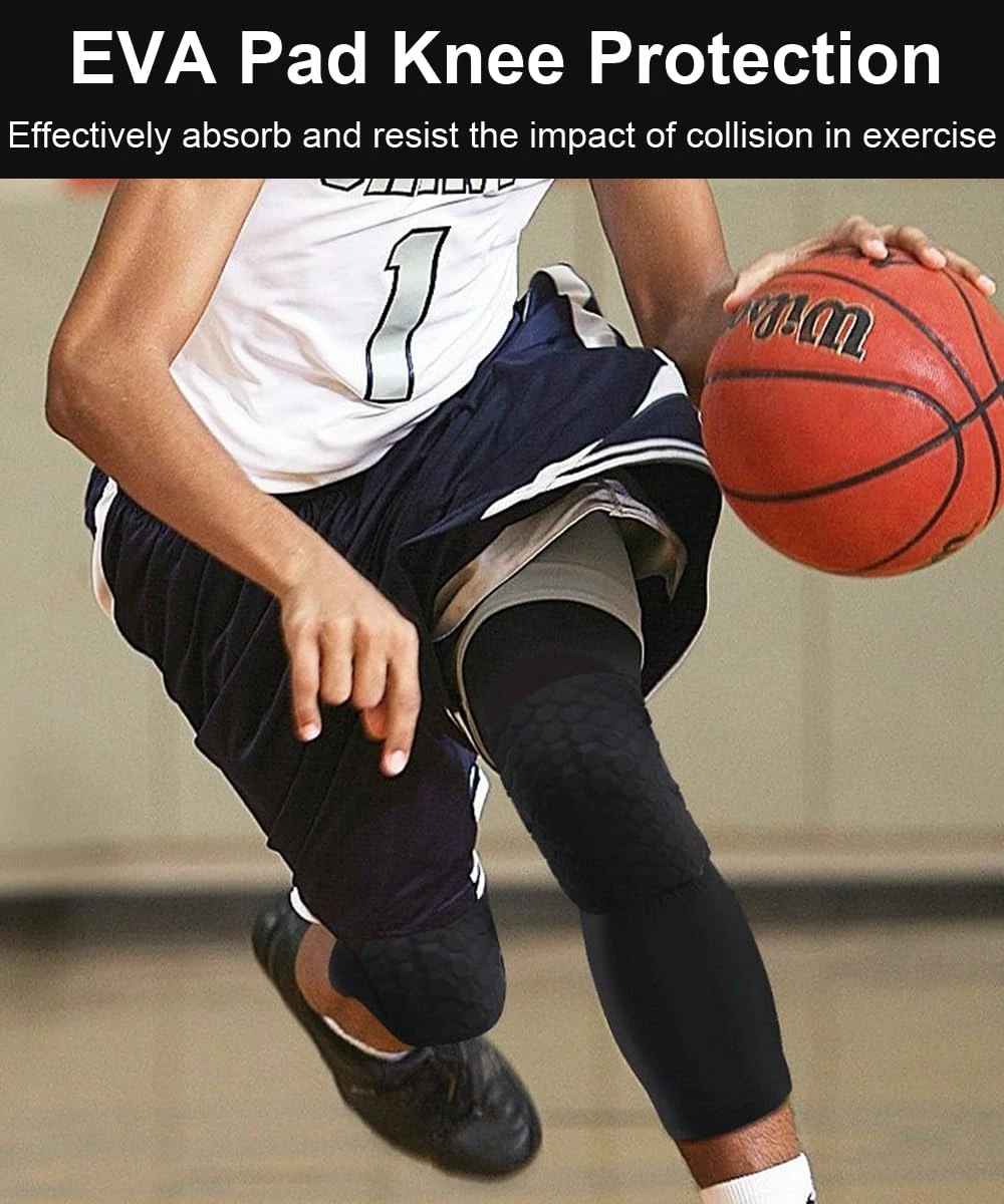 OMKHE Basketball Knee Pads, 2 Pack Honeycomb Anti Collision Leg Compression Sleeves, Sports Sleeves for Wrestling Football Volleyball Soccer Skating (Medium, Black)