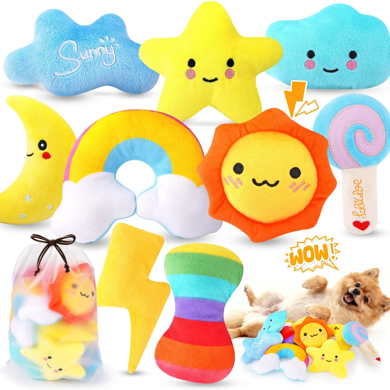 OMKHE Whimsical Squeaky Dog Toys for Small Dogs & Puppies – Plush Toys Pack with Storage Bag, 9 Pcs Stuffed Puppy Chew Toys with Squeakers to Relieve Boredom