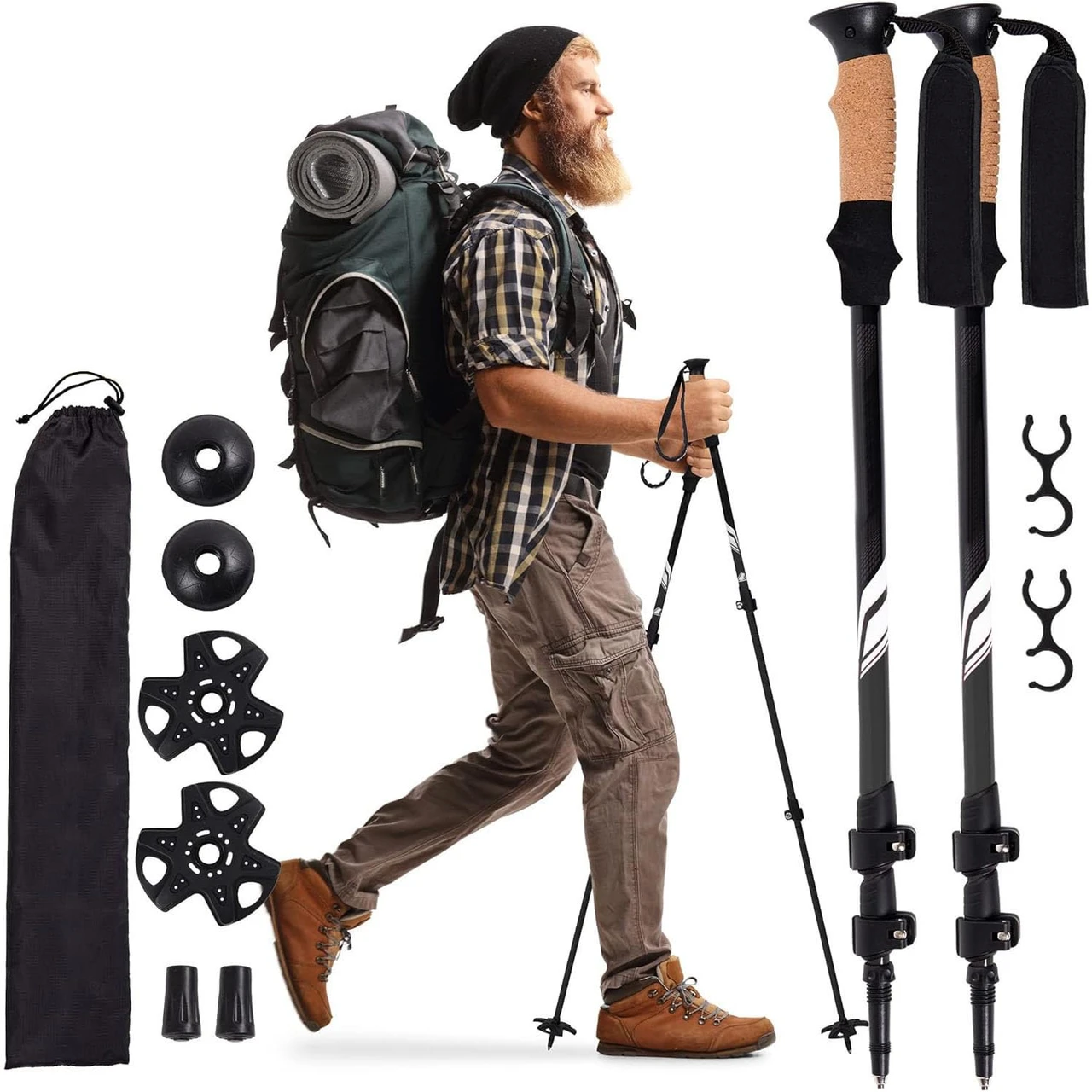 OMKHE Hiking Trekking Poles, 2 Pack Lightweight, Collapsible Trekking Poles for Snowshoe & Backpacking Gear, Walking Sticks for Hiking, 7075 Aluminum with Cork Grip