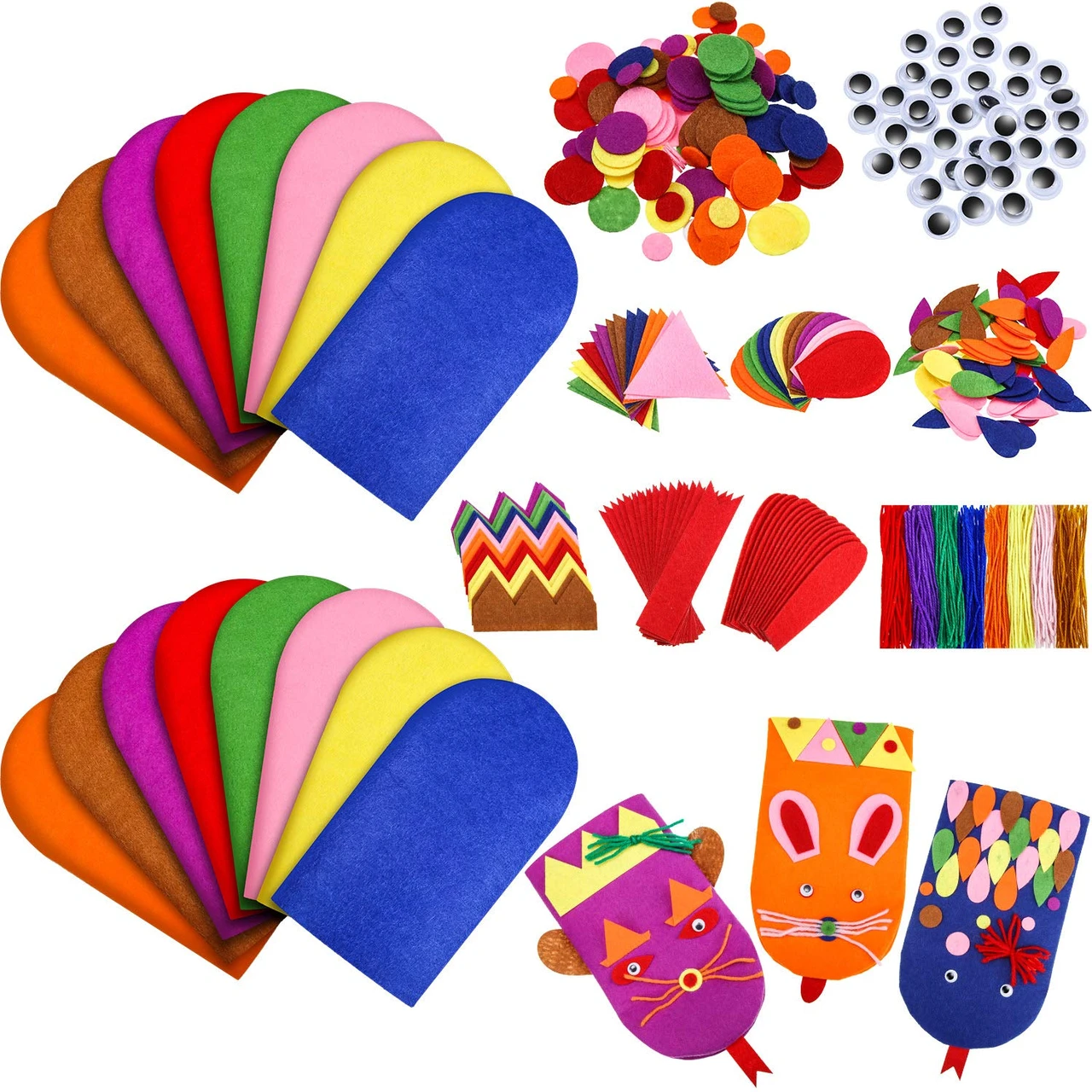 OMKHE 16 Pcs Hand Puppet Making Kit for Kids Felt Sock Puppet Kit Hand Art Craft Toys Kit DIY Your Own Doll Pompoms Googly Eyes Storytelling Role Play Party Supplies