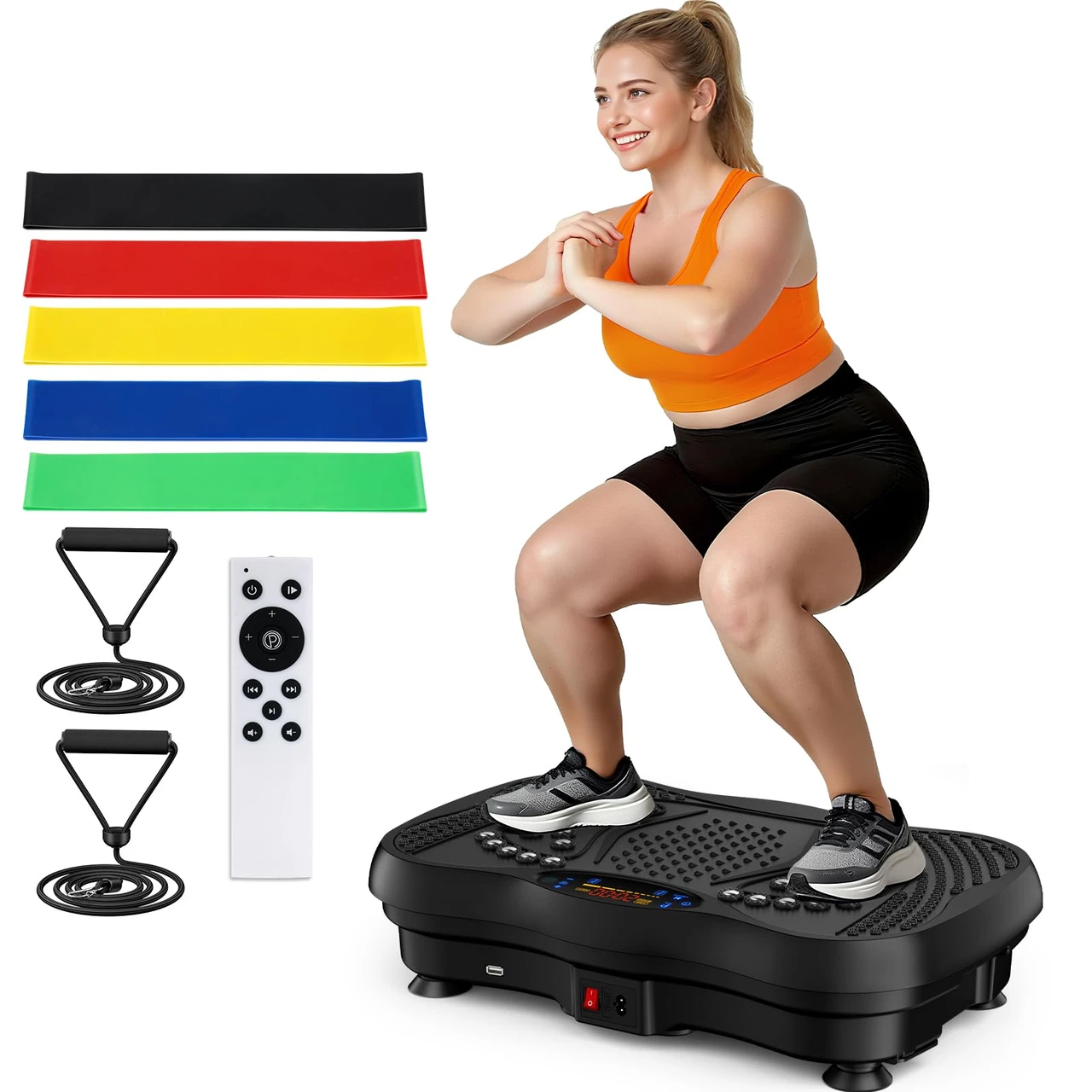 OMKHE Vibration Plate Exercise Machine, 130 Levels Full Body Workout Vibrating Plate for Lymphatic Drainage Weight Loss, 450 Lbs Capacity Shake Platform with Resistance Bands Bluetooth for Women Men