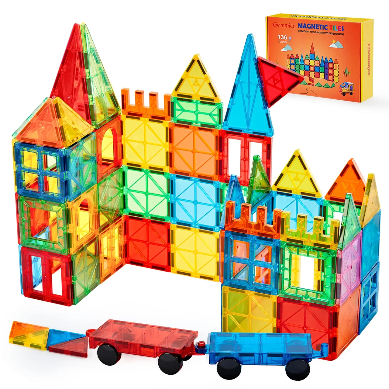 OMKHE Magnetic Tiles, Deluxe 136 PCS Building Blocks Magnet Toys for Kids,3D Magnet Puzzles Stacking Blocks for Boys Girls,Huge Set with 2 Cars