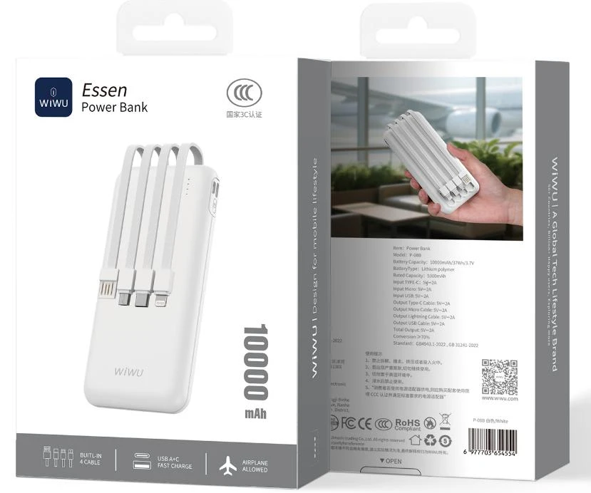 WIWU P-08B 10000MAH ESSEN POWER BANK 1A1C WHITE