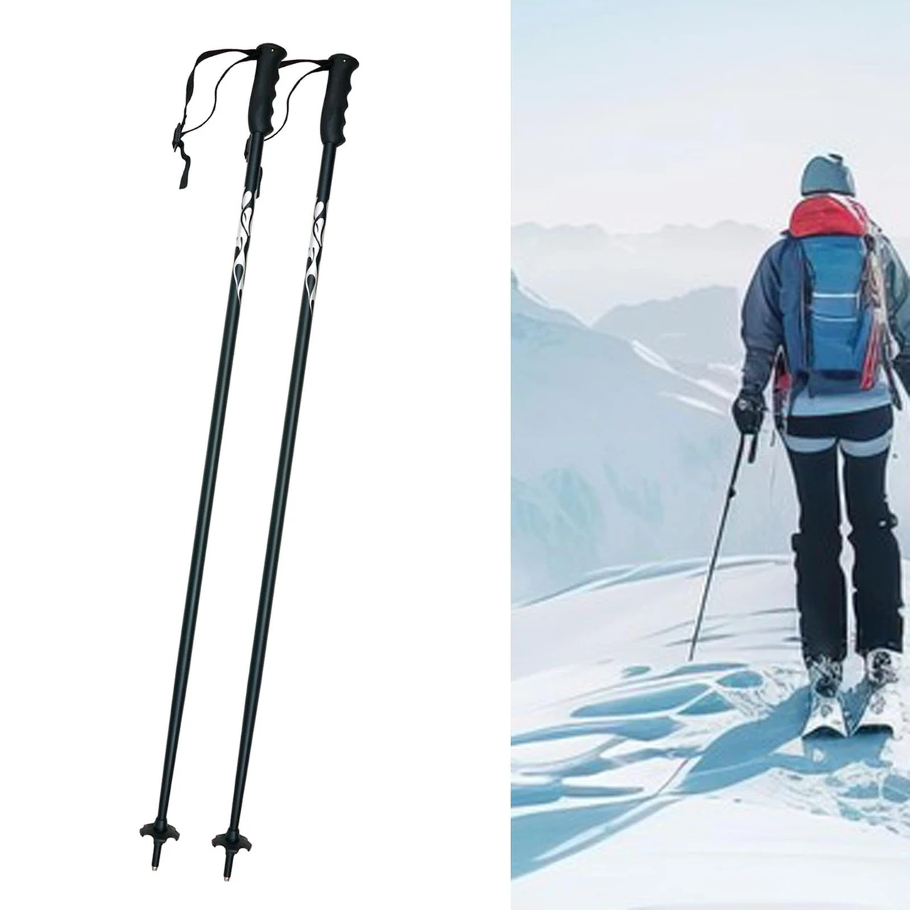 OMKHE 2 Pieces Ski Poles Walking Sticks Rubber Anti Slip Handle Trekking Canes Hiking Poles for Outdoor Winter Sports Snowboarding