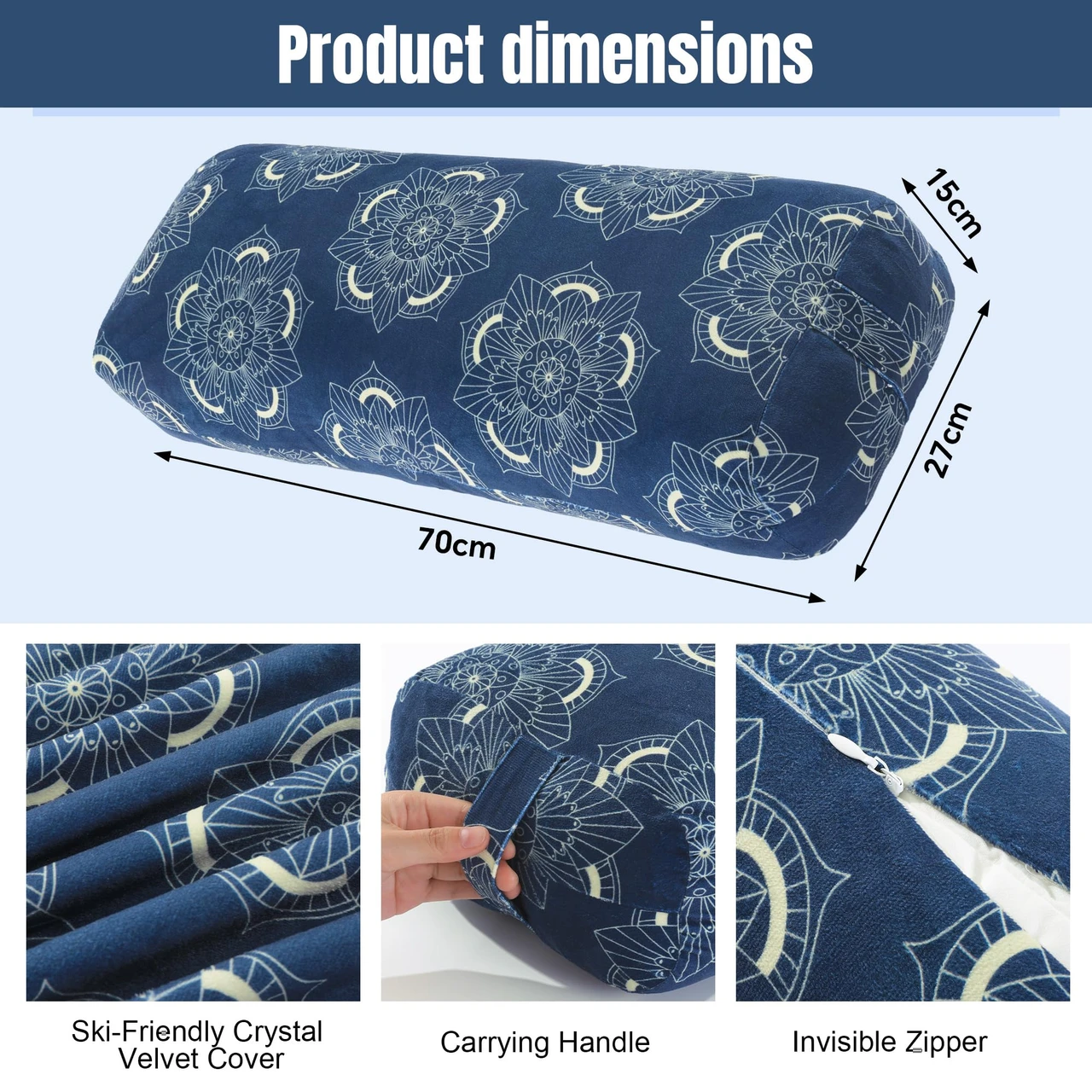 OMKHE Yoga Bolster Pillow, Rectangular Yoga Pillow for Restorative Meditation, Bolster Meditation Cushion with Carry Handle, 70 * 27 * 15 CM