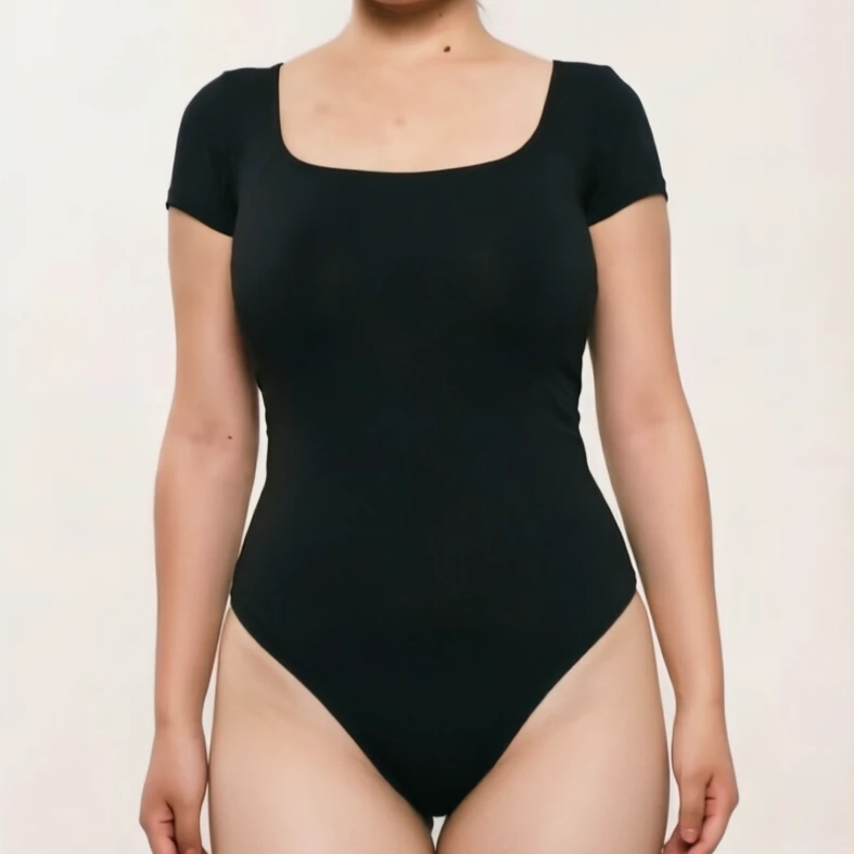 Women's Square Neck Black Bodysuit Soft Slimming Shapewear with Snap Closure