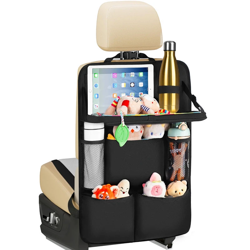 Car Seat Back Organizer with Foldable Tray & Tablet Holder, Anti-Kick Mat, Kids Car Dining Table, Multi-purpose Hanging Storage Bag