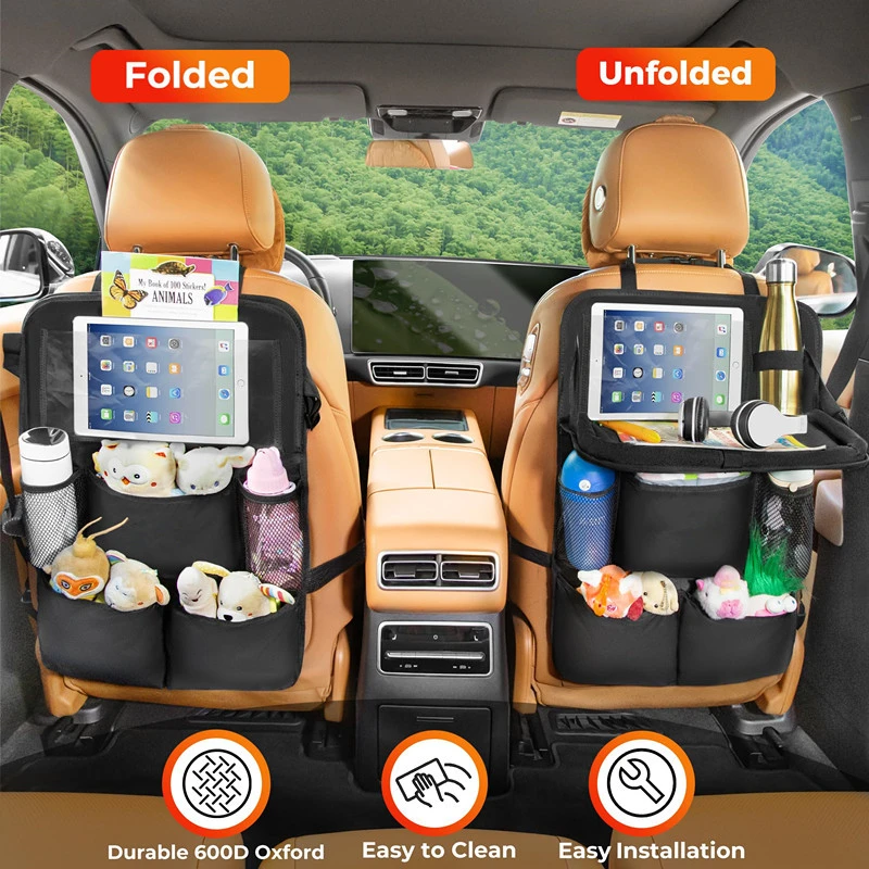 Car Seat Back Organizer with Foldable Tray & Tablet Holder, Anti-Kick Mat, Kids Car Dining Table, Multi-purpose Hanging Storage Bag