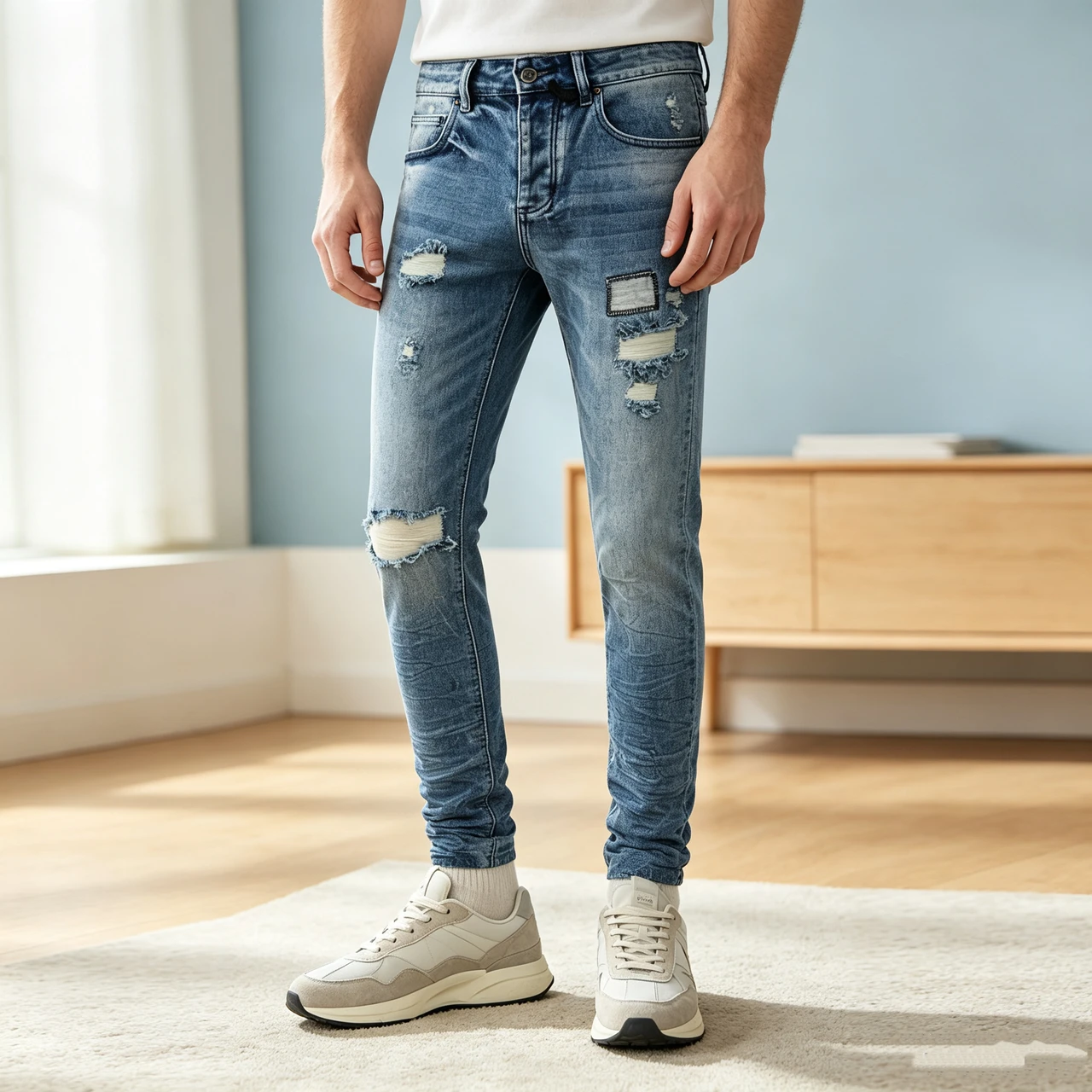High Street Vintage Washed Denim Distressed Ripped Pencil Pants Hip Hop Men's Streetwear Amiriy 1 to 1 High Quality Jeans