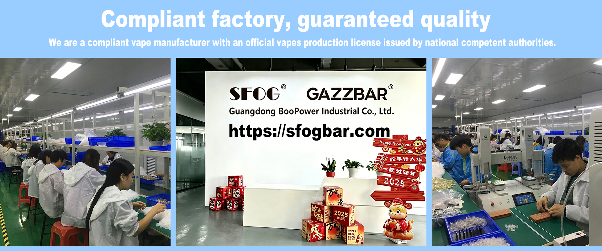 GAZZBAR & SFOG compliant vape factory, licensed e-cigarette production with quality assurance