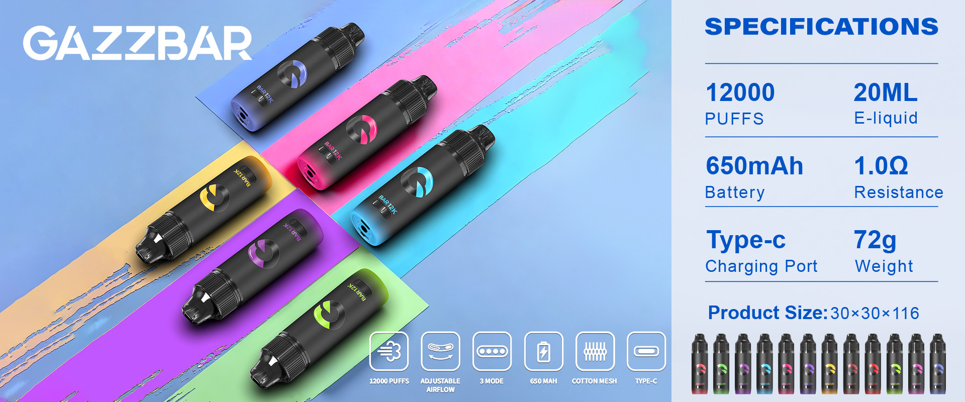 GAZZBAR BAR 12K Disposable Vape Full Specifications with 20ml E-liquid and 650mAh Type-C Battery
