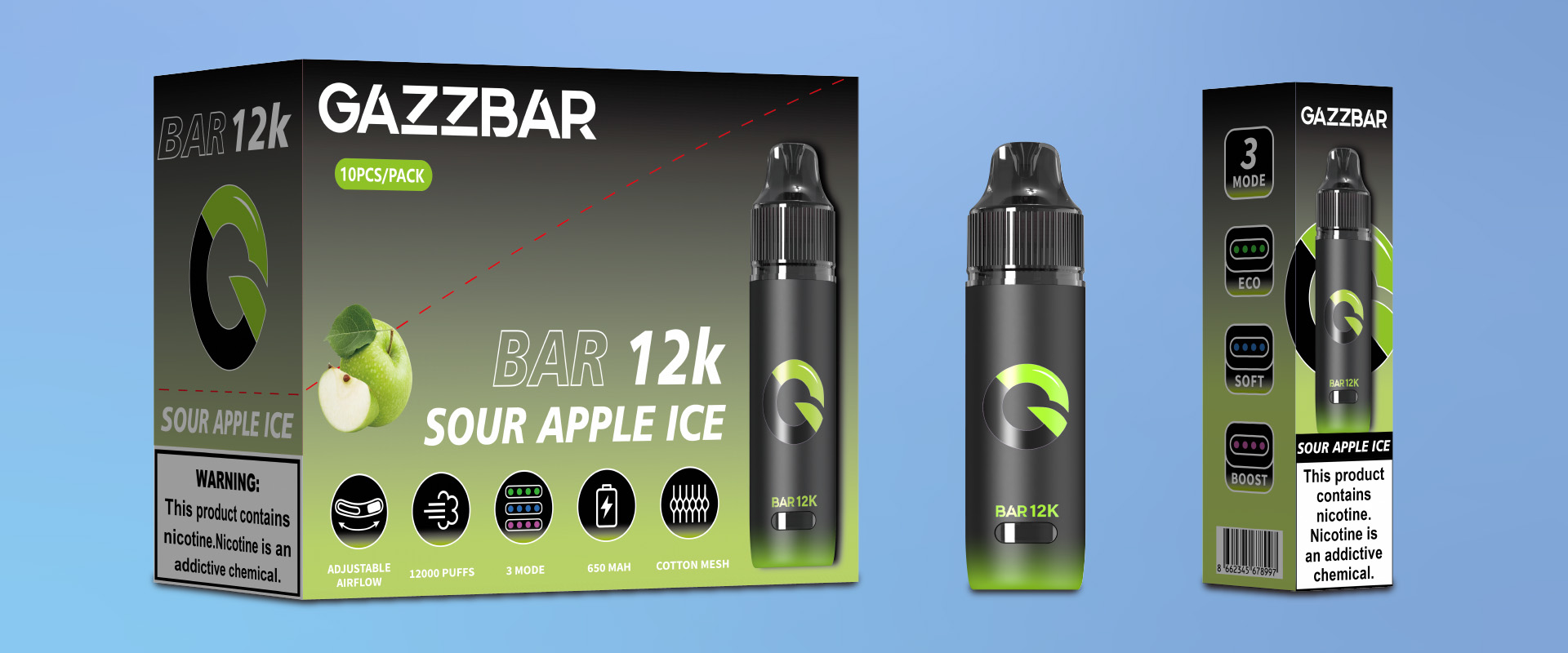 GAZZBAR BAR 12K Sour Apple Ice Disposable Vape Retail Packaging with 3 Mode System