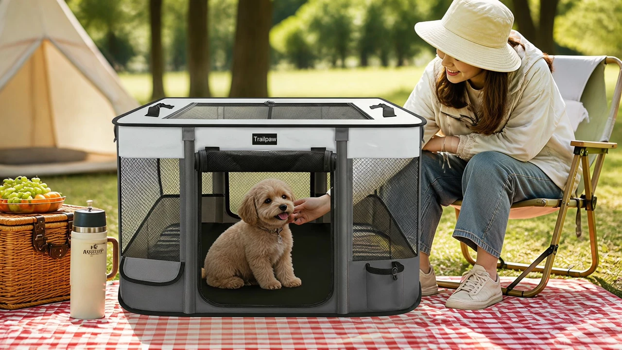 TrailPaw Wild-Haven™ Foldable Portable Pet Playpen — Rugged Waterproof Outdoor Kennel Tent with Retractable Shade Cover