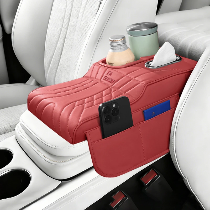 Car Center Console Organizer with Cup Holder & Tissue Box, Heightening Armrest Cover, Auto Interior Storage Accessories