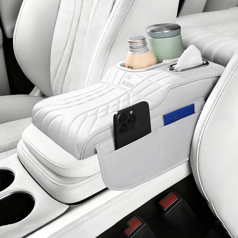 Car Center Console Organizer with Cup Holder & Tissue Box, Heightening Armrest Cover, Auto Interior Storage Accessories