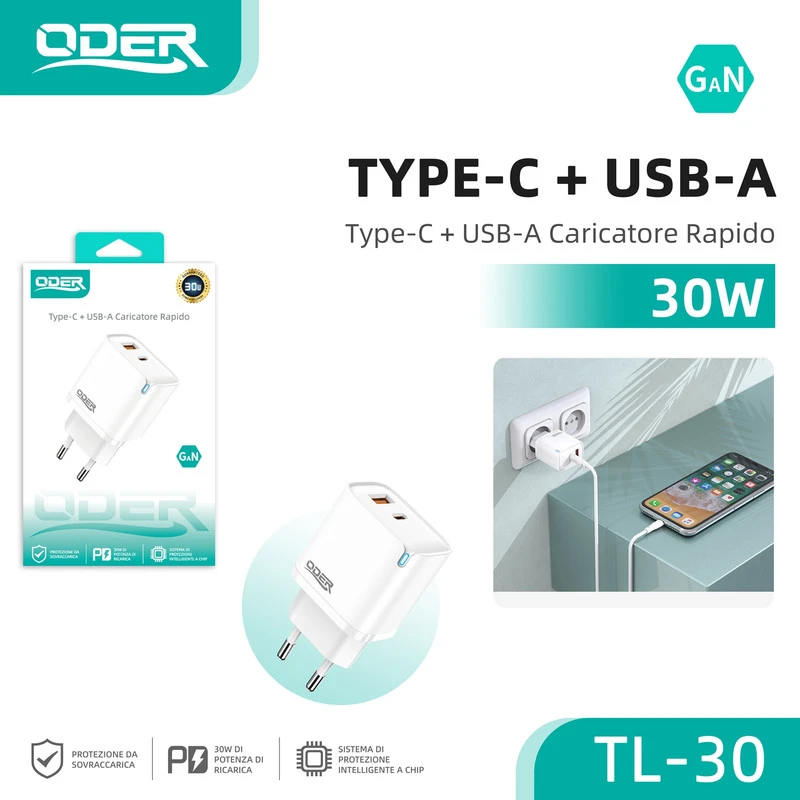 TL-30 30W Type-c+USB CARICATORE Bianco