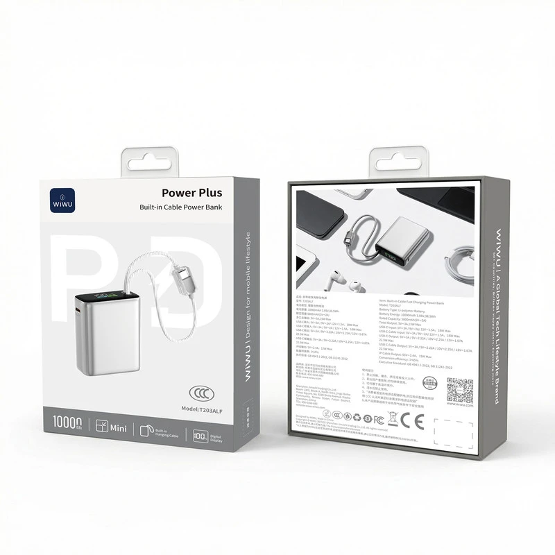 T203ALF 10000mAh Built-in Cable Power Bank Argento