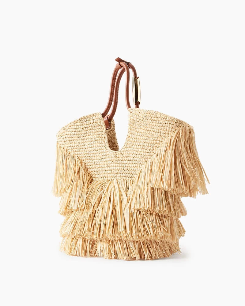 Layered Fringe Raffia Top Handle Tote Bag